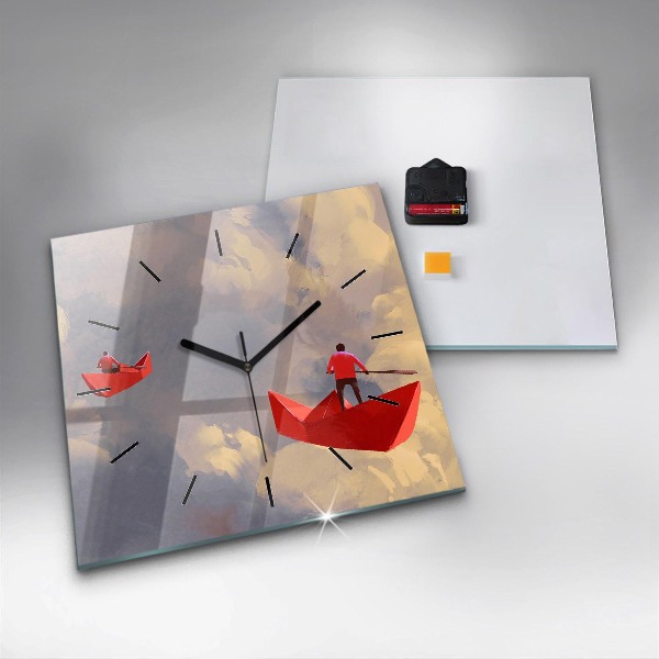 Square glass wall clock Paper ships
