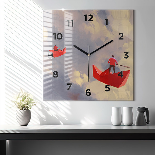 Square glass wall clock Paper ships