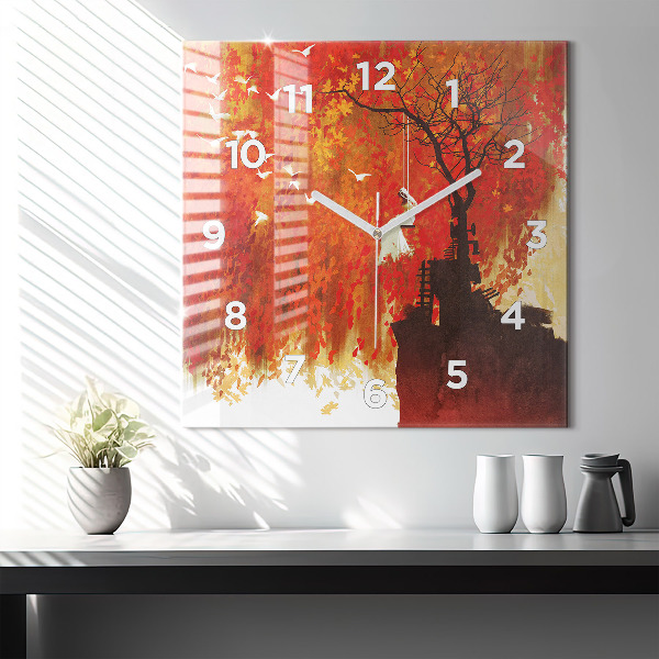 Square glass wall clock Bride in autumn
