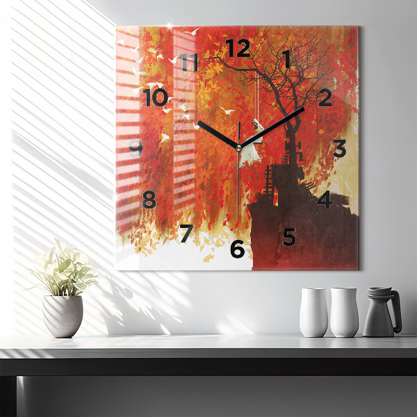 Square glass wall clock Bride in autumn