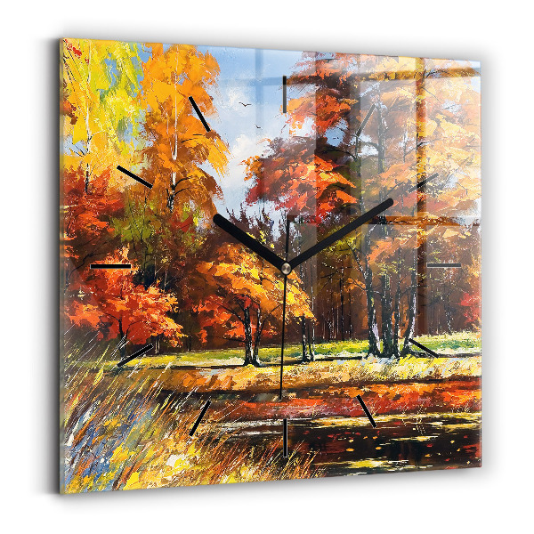 Square glass wall clock Autumn landscape with a river