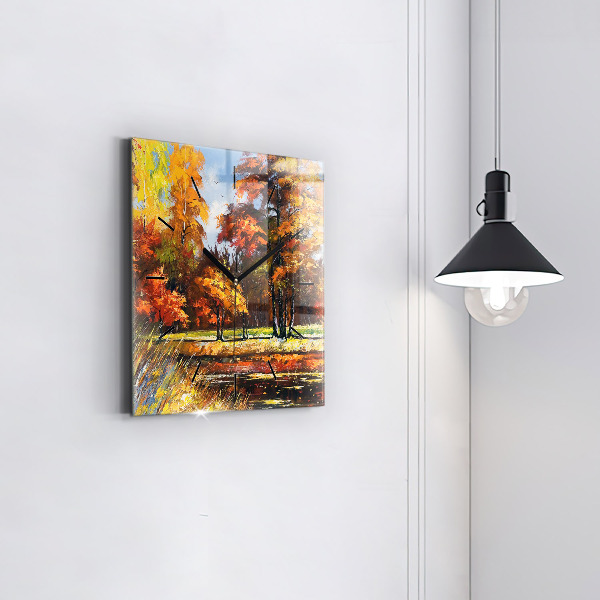 Square glass wall clock Autumn landscape with a river