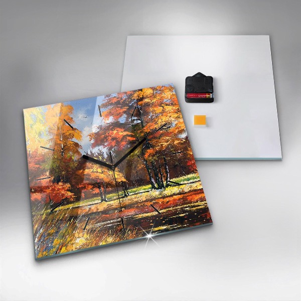 Square glass wall clock Autumn landscape with a river