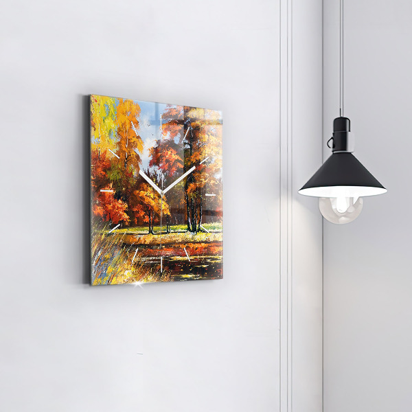 Square glass wall clock Autumn landscape with a river