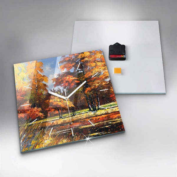 Square glass wall clock Autumn landscape with a river