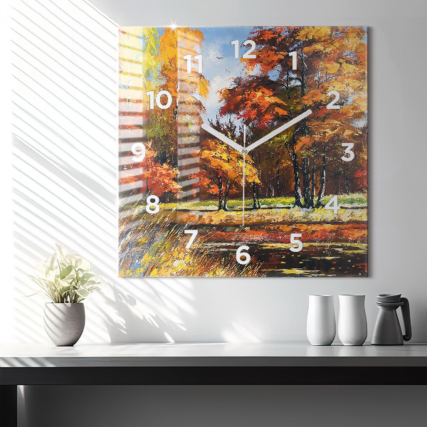 Square glass wall clock Autumn landscape with a river