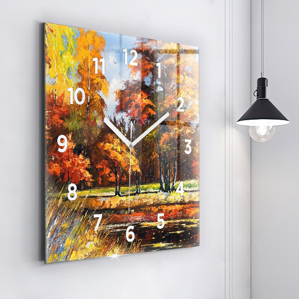 Square glass wall clock Autumn landscape with a river