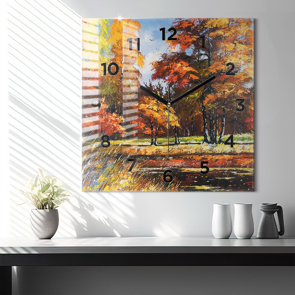 Square glass wall clock Autumn landscape with a river