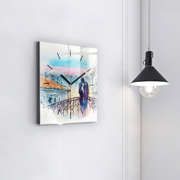Square glass wall clock People in watercolor