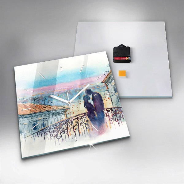 Square glass wall clock People in watercolor