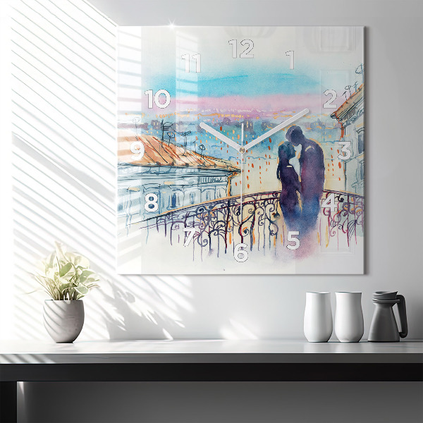 Square glass wall clock People in watercolor