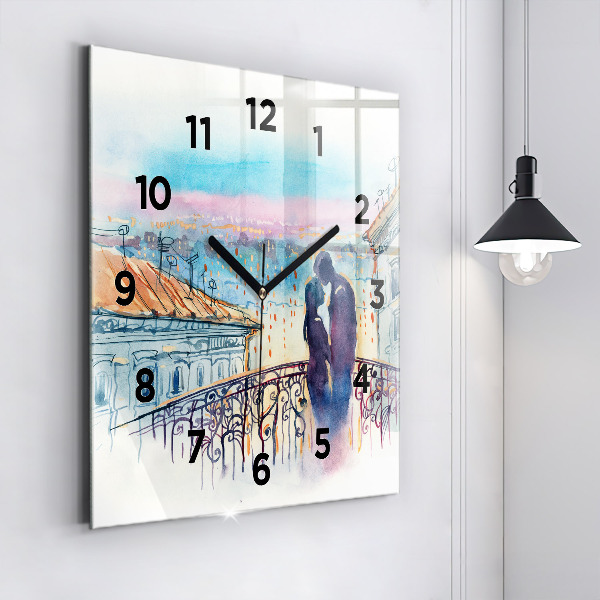 Square glass wall clock People in watercolor