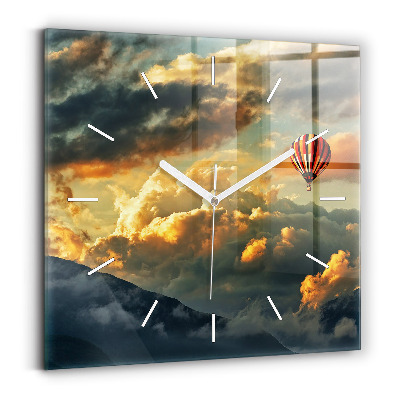 Square glass wall clock Balloon flight in the clouds