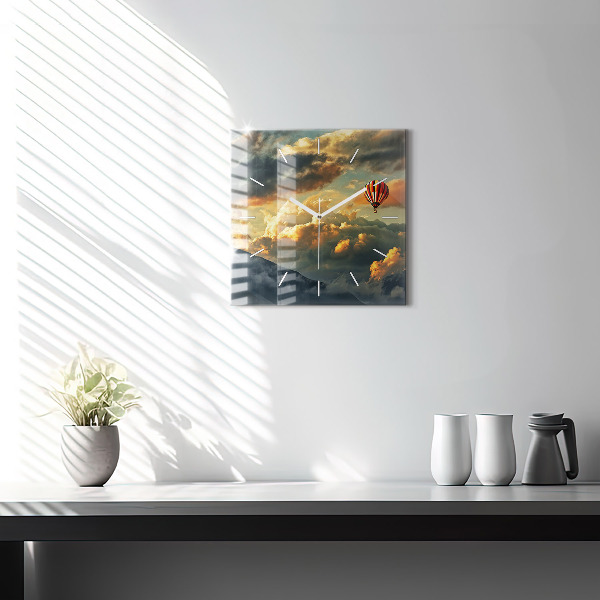 Square glass wall clock Balloon flight in the clouds