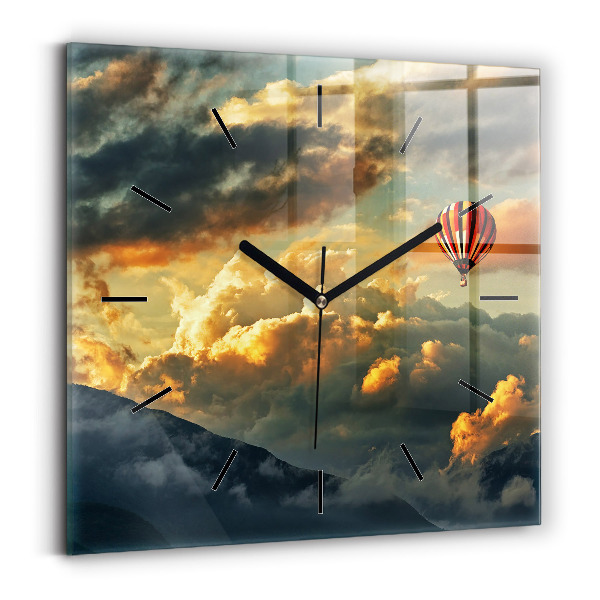 Square glass wall clock Balloon flight in the clouds