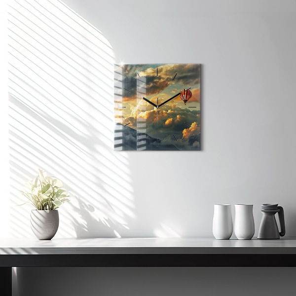 Square glass wall clock Balloon flight in the clouds