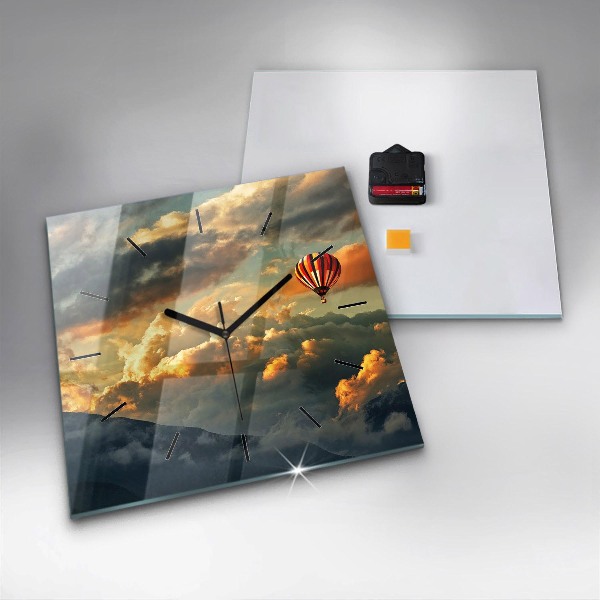 Square glass wall clock Balloon flight in the clouds
