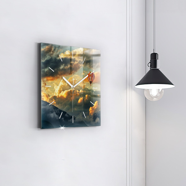 Square glass wall clock Balloon flight in the clouds
