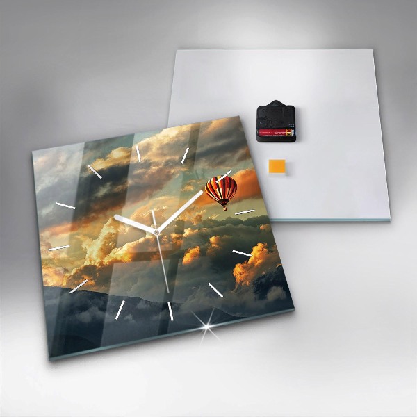Square glass wall clock Balloon flight in the clouds