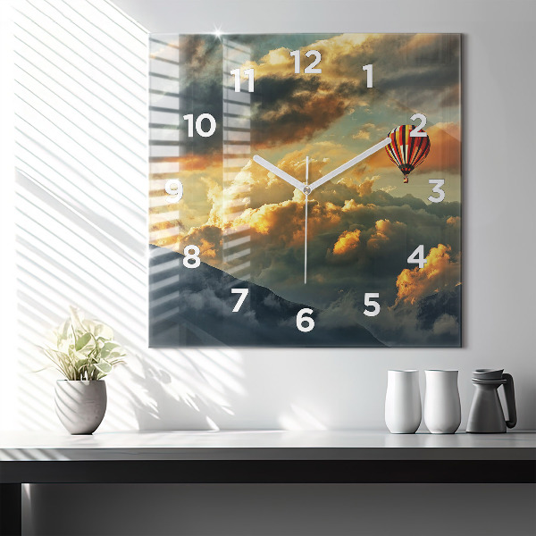Square glass wall clock Balloon flight in the clouds