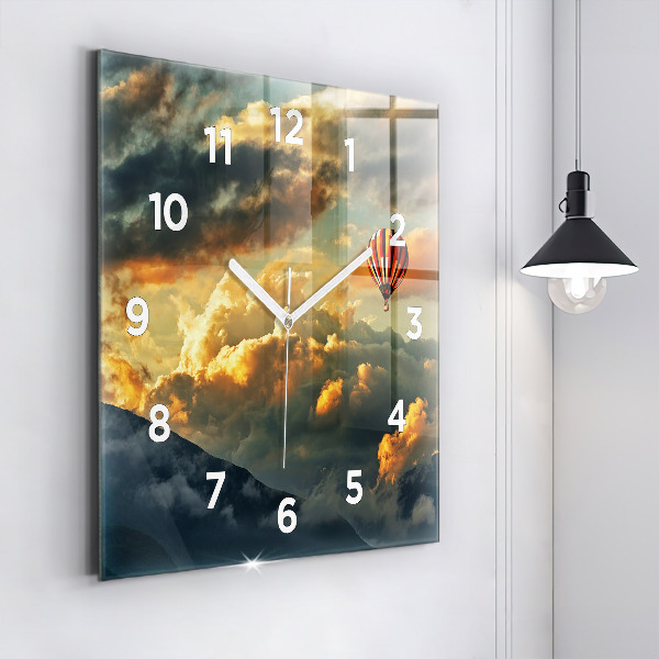 Square glass wall clock Balloon flight in the clouds