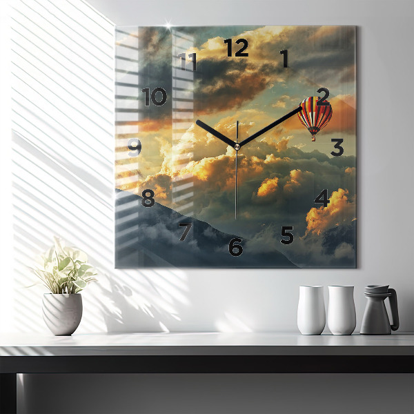 Square glass wall clock Balloon flight in the clouds
