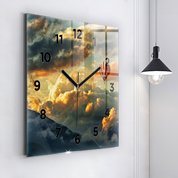Square glass wall clock Balloon flight in the clouds