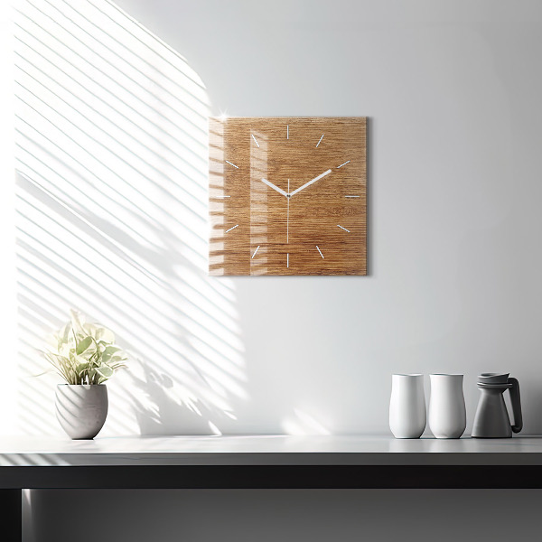 Square glass wall clock Light wood