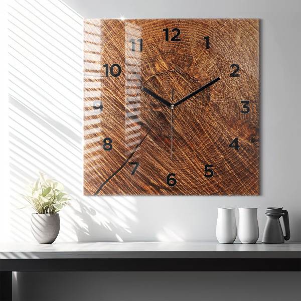 Square glass wall clock Decorative wood