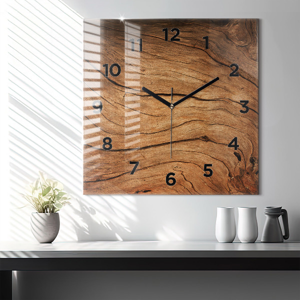 Square glass wall clock Old wood