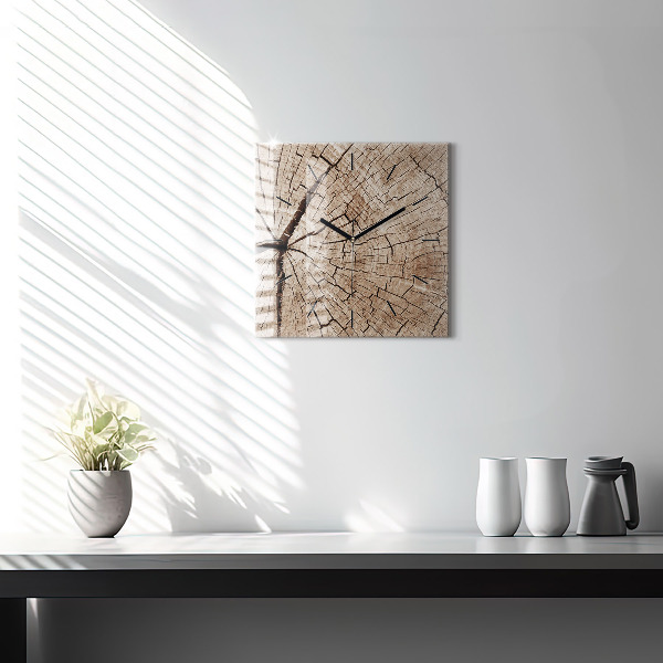 Square glass wall clock Old wood stump