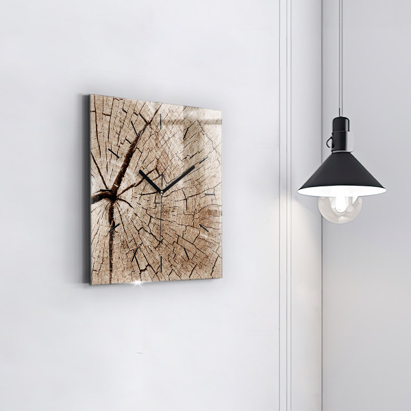 Square glass wall clock Old wood stump
