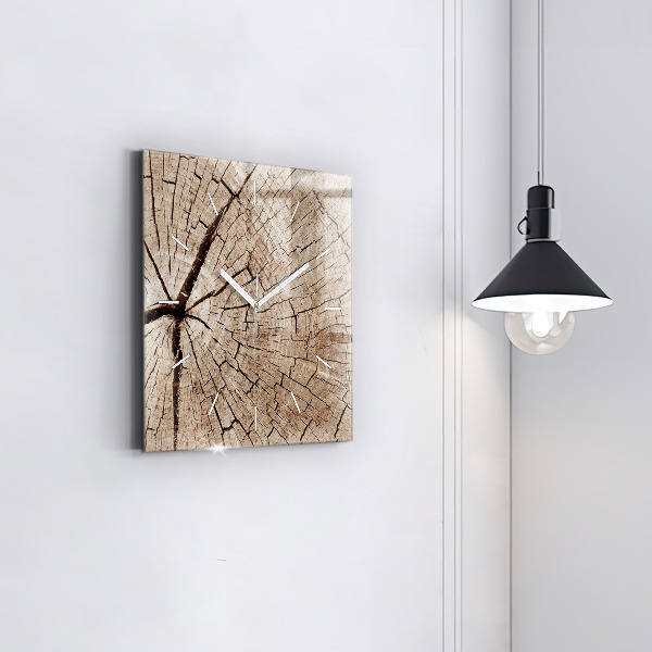 Square glass wall clock Old wood stump