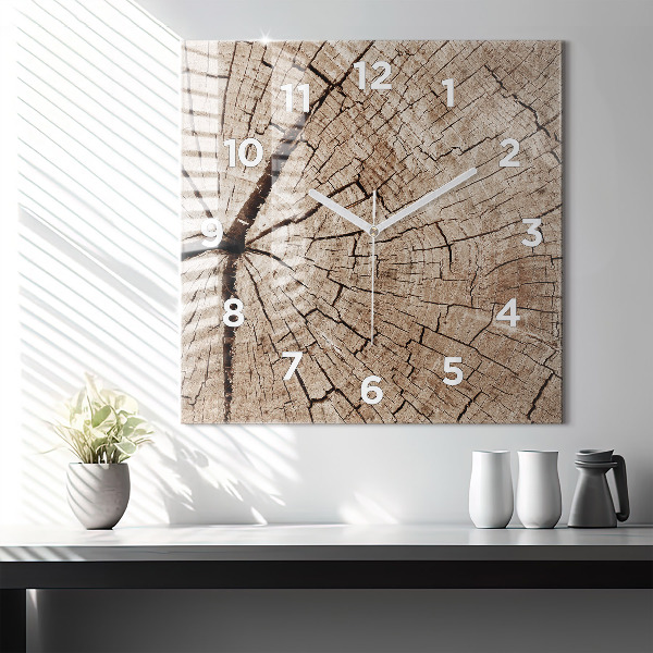 Square glass wall clock Old wood stump