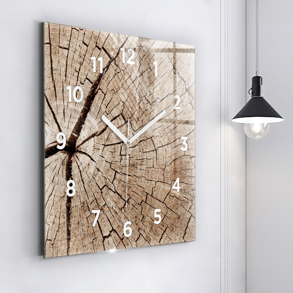 Square glass wall clock Old wood stump