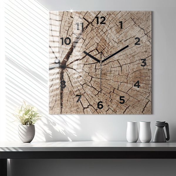 Square glass wall clock Old wood stump