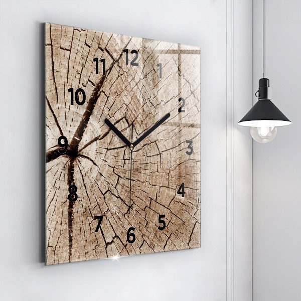 Square glass wall clock Old wood stump