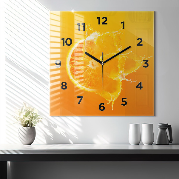 Square glass wall clock Orange