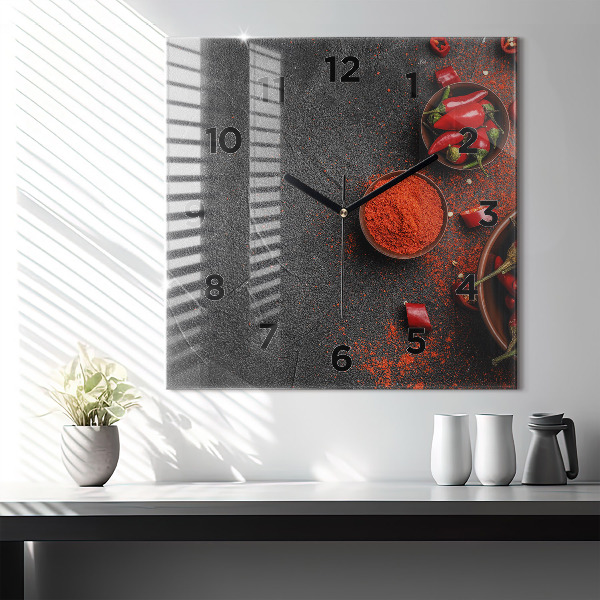 Square glass wall clock Red peppers
