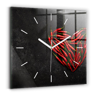 Square glass wall clock Heart of peppers