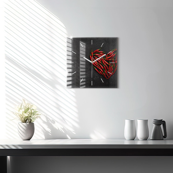 Square glass wall clock Heart of peppers