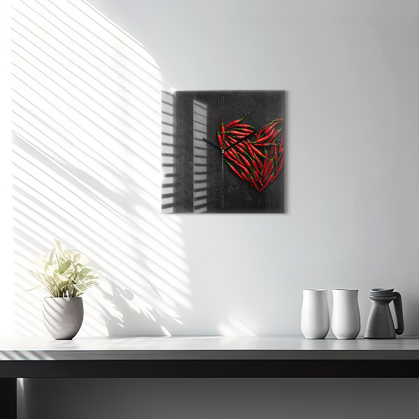 Square glass wall clock Heart of peppers