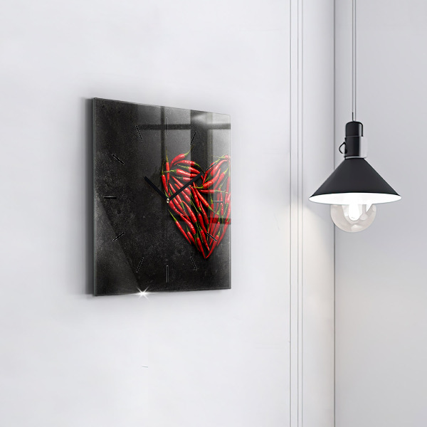 Square glass wall clock Heart of peppers