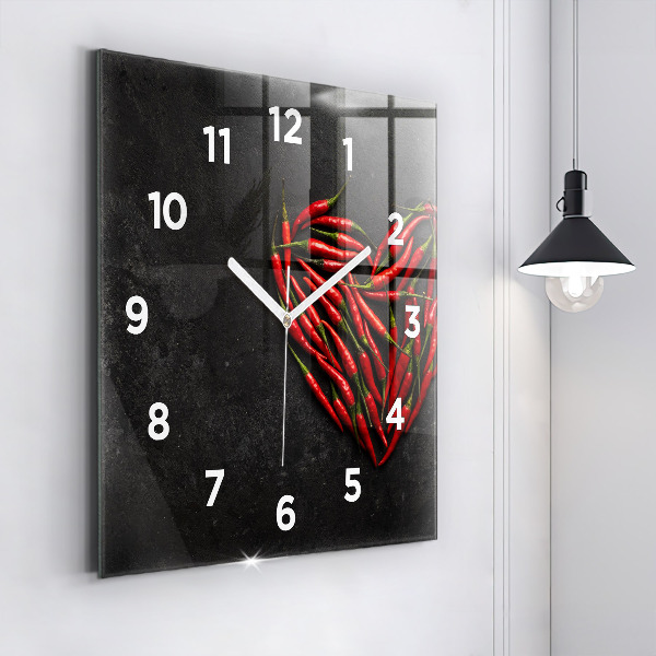 Square glass wall clock Heart of peppers