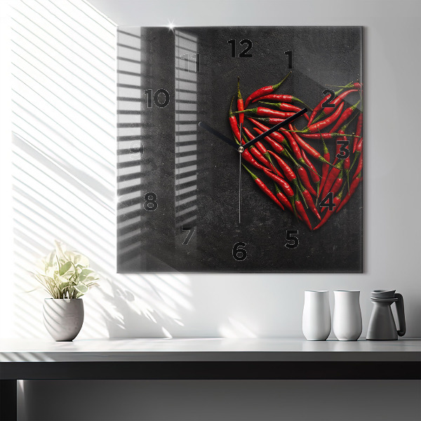 Square glass wall clock Heart of peppers