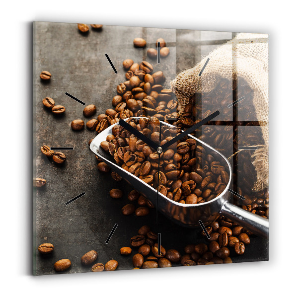 Square glass wall clock A bag of coffee beans