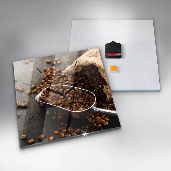 Square glass wall clock A bag of coffee beans