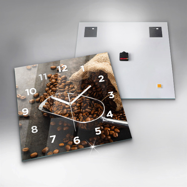 Square glass wall clock A bag of coffee beans