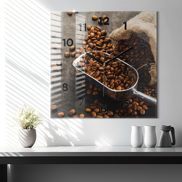 Square glass wall clock A bag of coffee beans