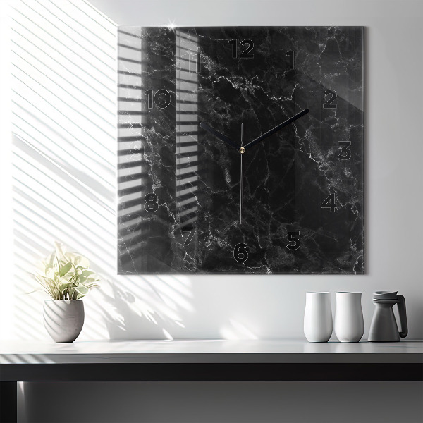 Square glass wall clock Dark marble